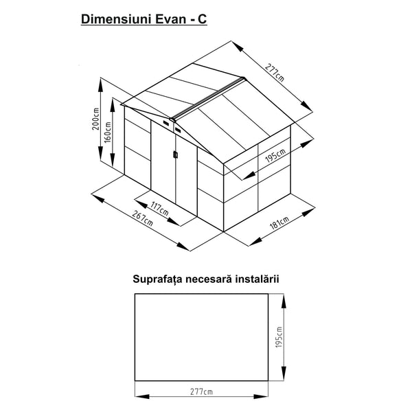 Casuta / magazie de gradina premium metalica, MESTERINO Evan-C, Gri/Bej, dimensiuni 277x195x200 cm, cu usi culisante si baza metalica