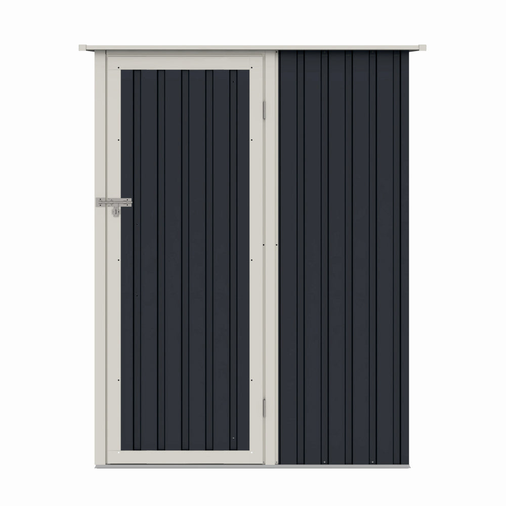 Casuta / magazie de gradina premium metalica, MESTERINO Joy-A, Gri/Bej, dimensiuni 143x89x186 cm, cu usa cu balama si baza metalica