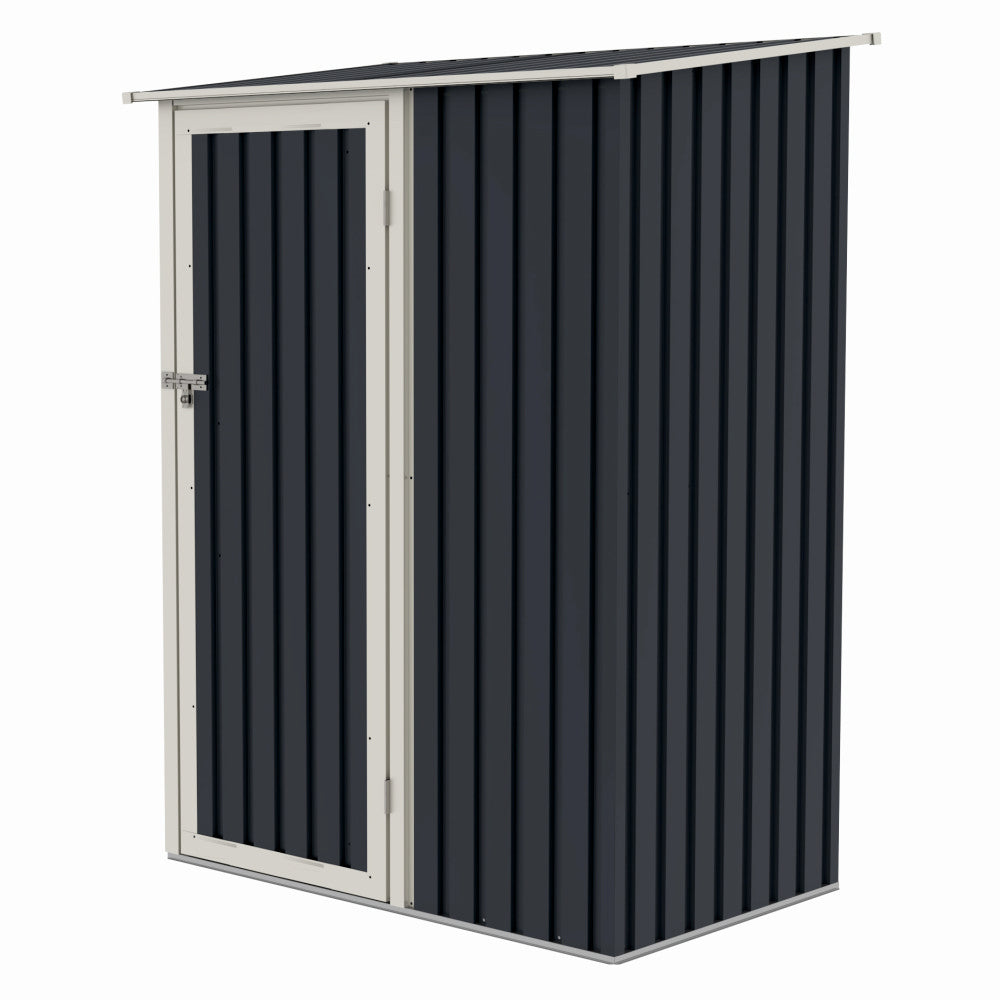 Casuta / magazie de gradina premium metalica, MESTERINO Joy-A, Gri/Bej, dimensiuni 143x89x186 cm, cu usa cu balama si baza metalica