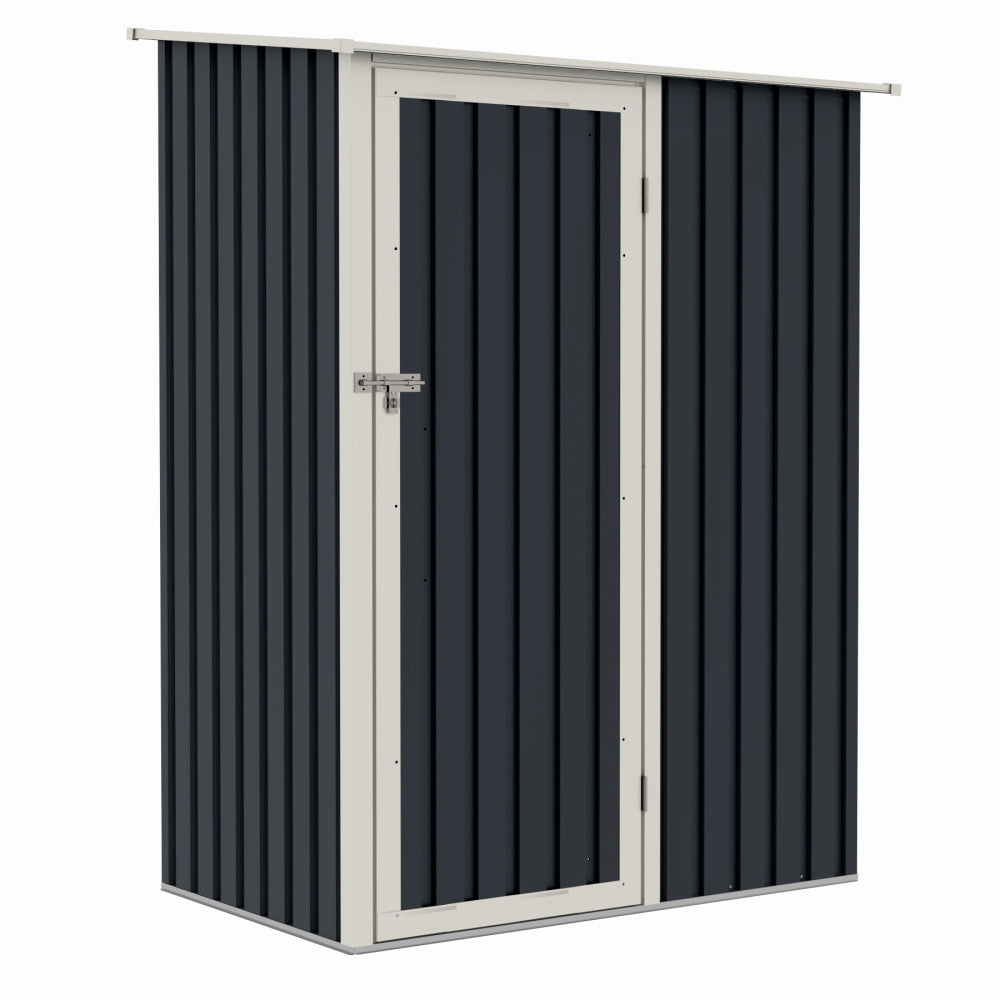 Casuta / magazie de gradina premium metalica, MESTERINO Joy-A, Gri/Bej, dimensiuni 143x89x186 cm, cu usa cu balama si baza metalica