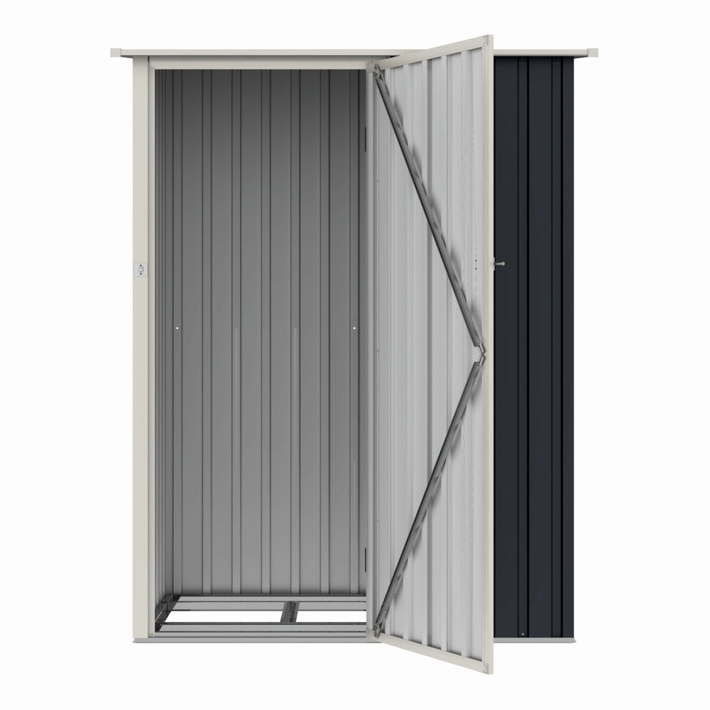 Casuta / magazie de gradina premium metalica, MESTERINO Joy-A, Gri/Bej, dimensiuni 143x89x186 cm, cu usa cu balama si baza metalica