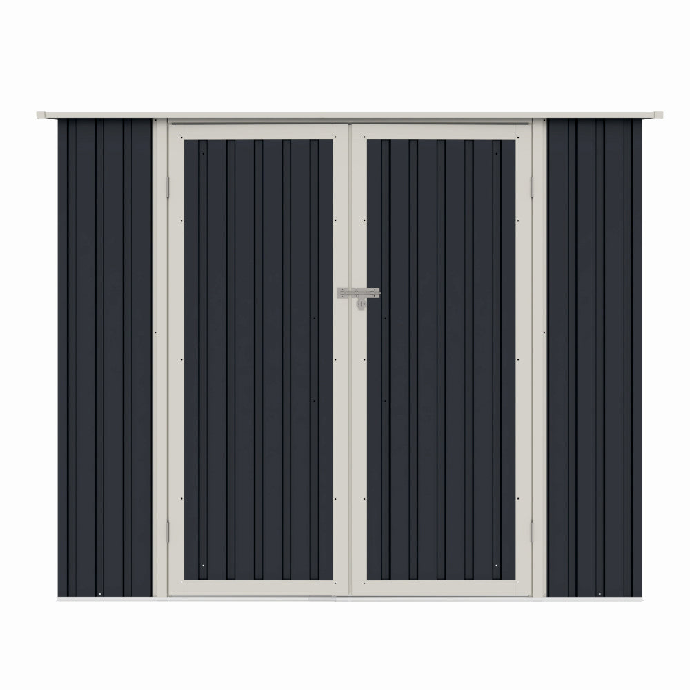 Casuta / magazie de gradina premium metalica, MESTERINO Joy-B, Gri/Bej, dimensiuni 222x149x194 cm, cu usi cu balama si baza metalica