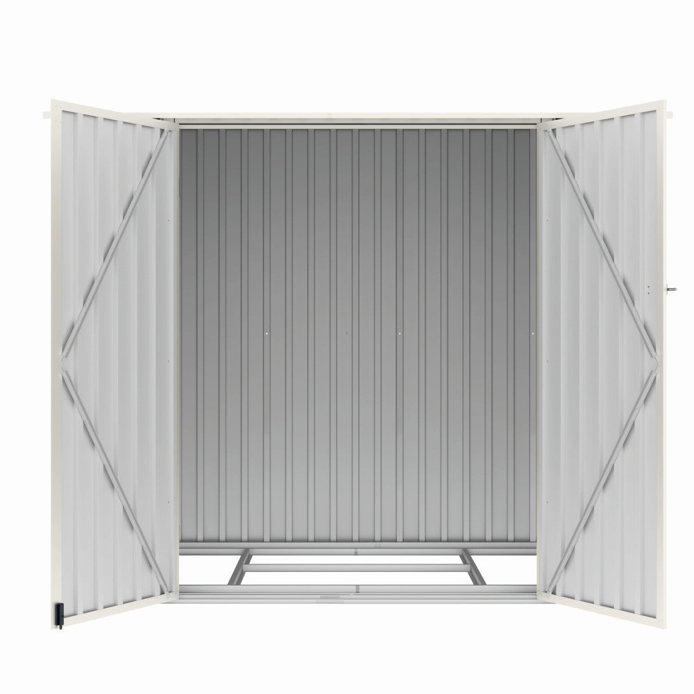 Casuta / magazie de gradina premium metalica, MESTERINO Joy-B, Gri/Bej, dimensiuni 222x149x194 cm, cu usi cu balama si baza metalica