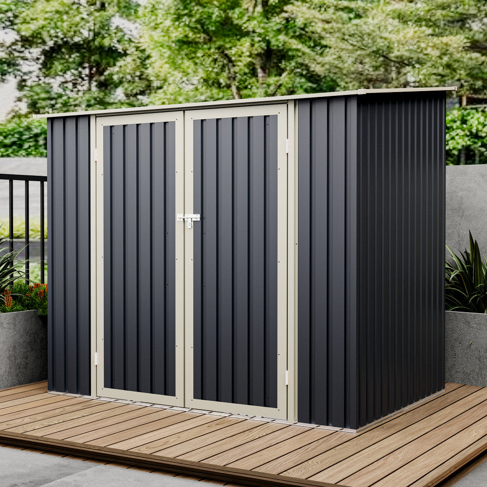 Casuta / magazie de gradina premium metalica, MESTERINO Joy-B, Gri/Bej, dimensiuni 222x149x194 cm, cu usi cu balama si baza metalica