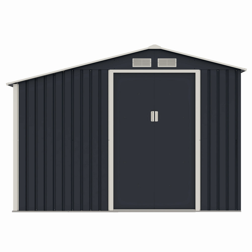 Casuta / magazie de gradina premium metalica, MESTERINO Luke-A, Gri/Bej, dimensiuni 278x131x195 cm, cu usi culisante si baza metalica