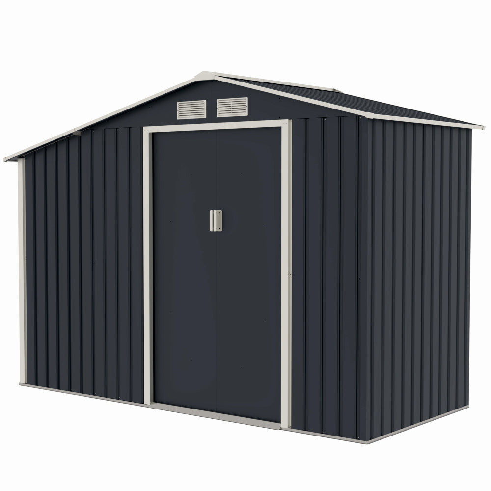 Casuta / magazie de gradina premium metalica, MESTERINO Luke-A, Gri/Bej, dimensiuni 278x131x195 cm, cu usi culisante si baza metalica