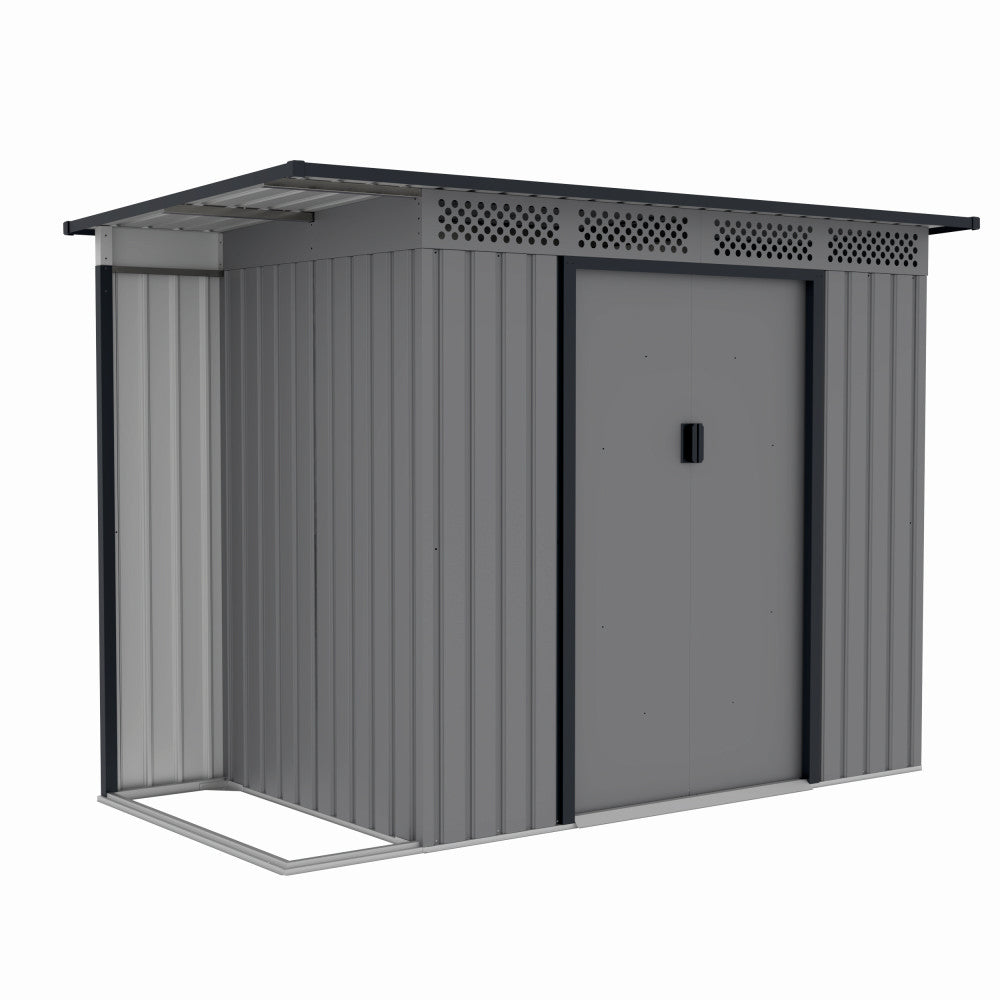 Casuta / magazie de gradina premium metalica, MESTERINO Chester-A, Gri/Bej, dimensiuni 257x142x184 cm, cu usi culisante si baza metalica