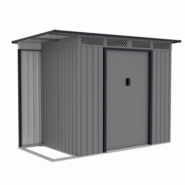 Casuta / magazie de gradina premium metalica, MESTERINO Chester-A, Gri/Bej, dimensiuni 257x142x184 cm, cu usi culisante si baza metalica