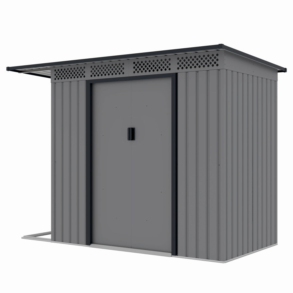Casuta / magazie de gradina premium metalica, MESTERINO Chester-A, Gri/Bej, dimensiuni 257x142x184 cm, cu usi culisante si baza metalica