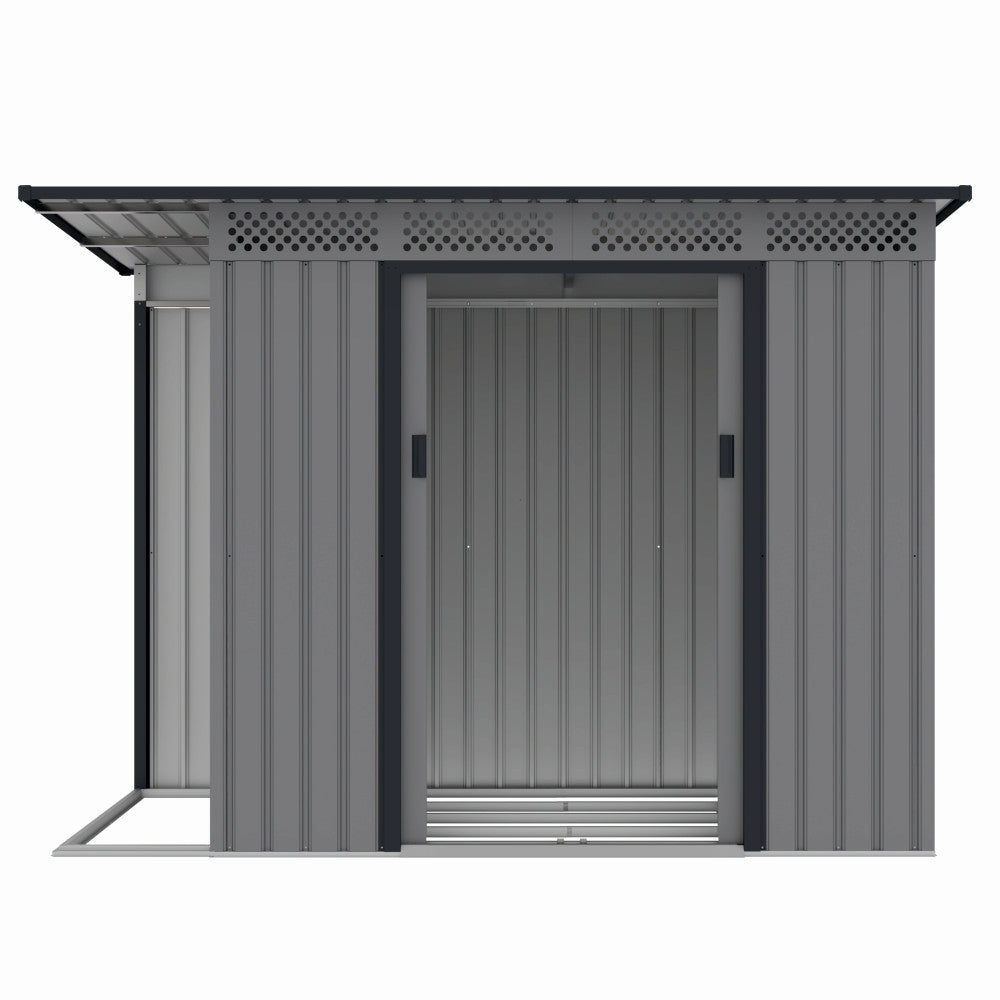Casuta / magazie de gradina premium metalica, MESTERINO Chester-A, Gri/Bej, dimensiuni 257x142x184 cm, cu usi culisante si baza metalica