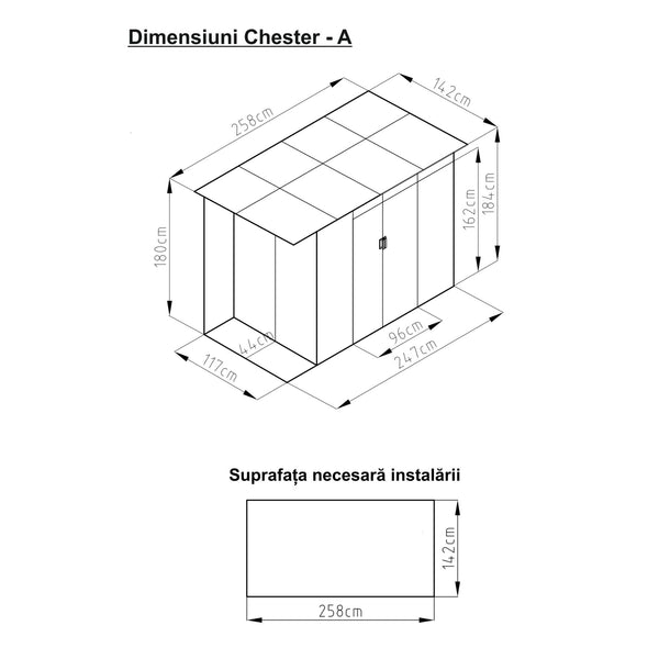 Casuta / magazie de gradina premium metalica, MESTERINO Chester-A, Gri/Bej, dimensiuni 257x142x184 cm, cu usi culisante si baza metalica
