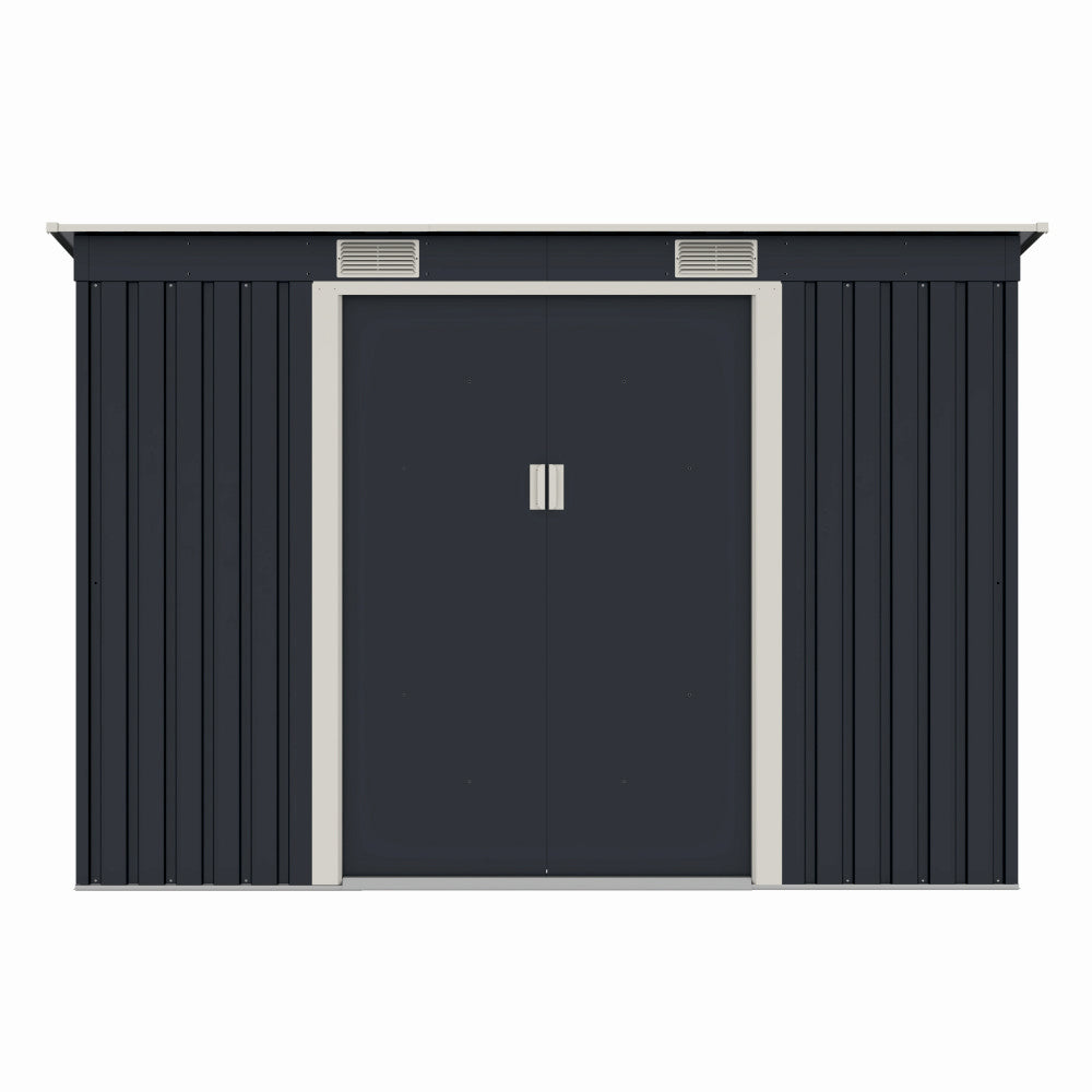 Casuta / magazie de gradina premium metalica, MESTERINO S2001-B, Gri/Bej, dimensiuni 261x121x176 cm, cu usi culisante si baza metalica