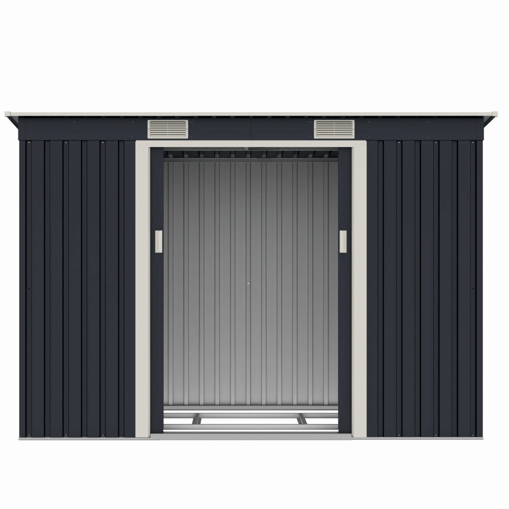 Casuta / magazie de gradina premium metalica, MESTERINO S2001-B, Gri/Bej, dimensiuni 261x121x176 cm, cu usi culisante si baza metalica