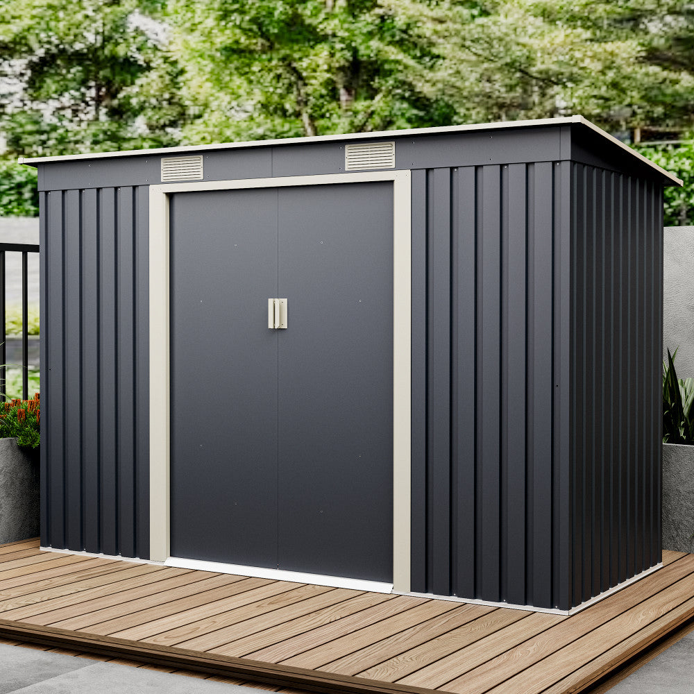 Casuta / magazie de gradina premium metalica, MESTERINO S2001-B, Gri/Bej, dimensiuni 261x121x176 cm, cu usi culisante si baza metalica