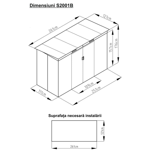 Casuta / magazie de gradina premium metalica, MESTERINO S2001-B, Gri/Bej, dimensiuni 261x121x176 cm, cu usi culisante si baza metalica