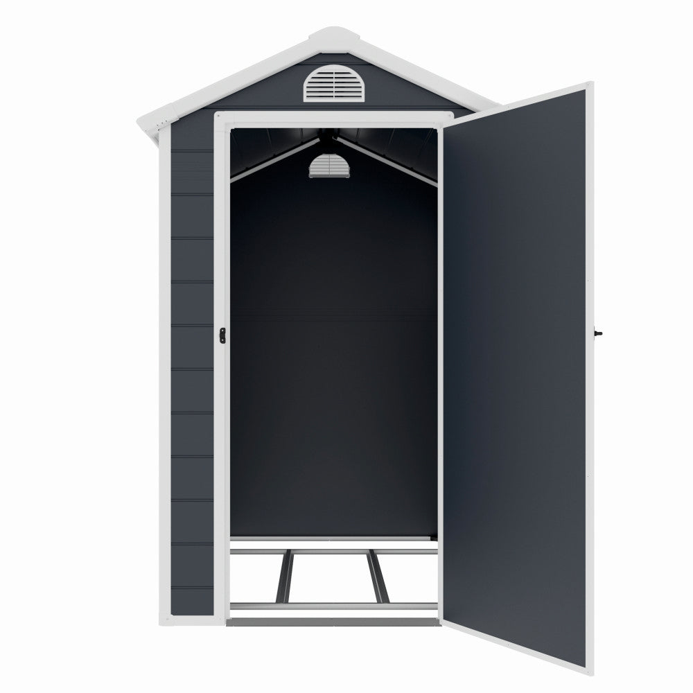 Casuta / magazie de gradina premium, panel plastic si ranforsare metal, MESTERINO AVE-B, Gri/Bej, dimensiuni 134x192x204 cm, usa cu balama, baza metalica