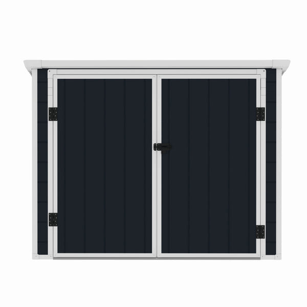 Casuta / magazie de gradina premium, panel plastic si ranforsare metal, MESTERINO Colin-A, Gri/Bej, dimensiuni 199x90x149 cm, usi cu balama, baza metalica