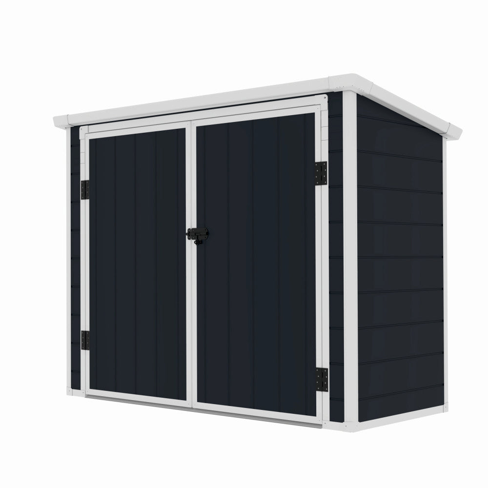 Casuta / magazie de gradina premium, panel plastic si ranforsare metal, MESTERINO Colin-A, Gri/Bej, dimensiuni 199x90x149 cm, usi cu balama, baza metalica