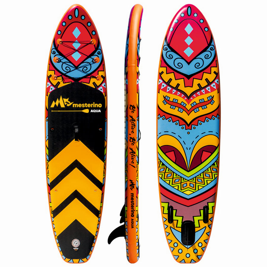 Set placa gonflabila Stand Up Paddle Mesterino Aqua SUP083, 320x81x15cm, geantă de transport, vasla, pompa, scaun, lesa, kit de reparatii, design Tribal