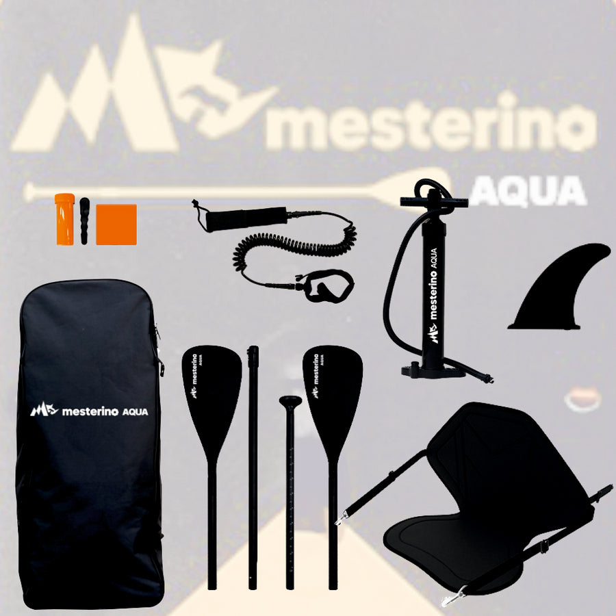 Set placa gonflabila Stand Up Paddle Mesterino Aqua SUP083, 320x81x15cm, geantă de transport, vasla, pompa, scaun, lesa, kit de reparatii, design Tribal
