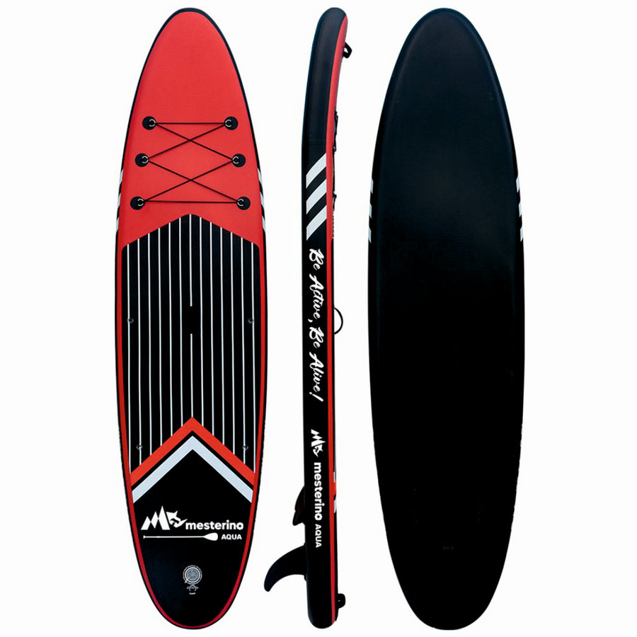 Set placa gonflabila Stand Up Paddle Mesterino Aqua SUP081, 320x81x15cm, geantă de transport, vasla, pompa, scaun, lesa, kit de reparatii, culoare Abstract Negru-Rosu