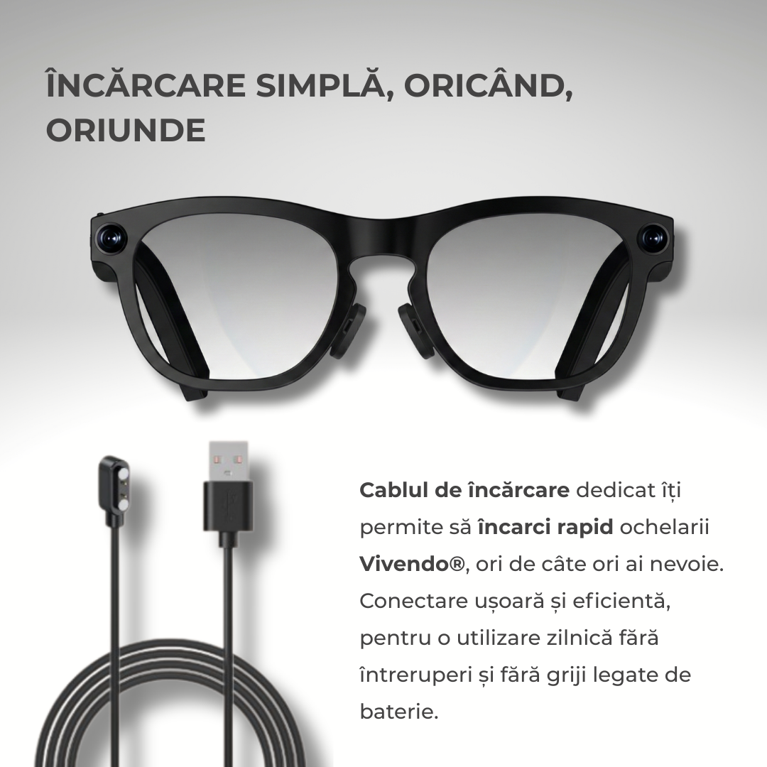 Ochelari Smart VIVENDO SMART GLASSES, Camera 1080P Full HD, AI Integrat, Apeluri Bluetooth, Control Tactil, Streaming Muzica, Wi-Fi 2.4G, Microfoane Duale, Negru