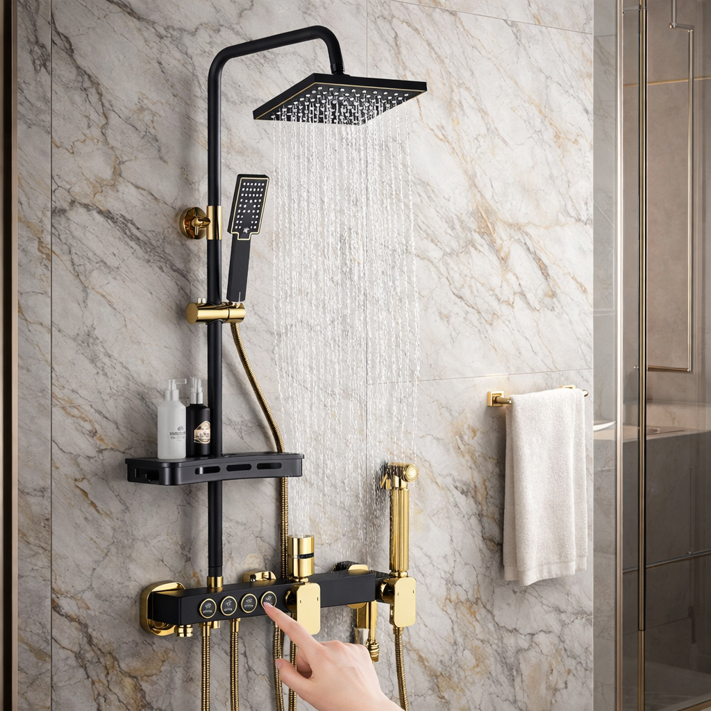 Coloana de dus premium cu 4 functii, baterie, cap dus patrat tip ploaie, dus de mana, pistol bideu, robinet inferior, raft accesorii, control prin butoane, alama masiva, finisaj negru mat si auriu, sistem complet modern baie