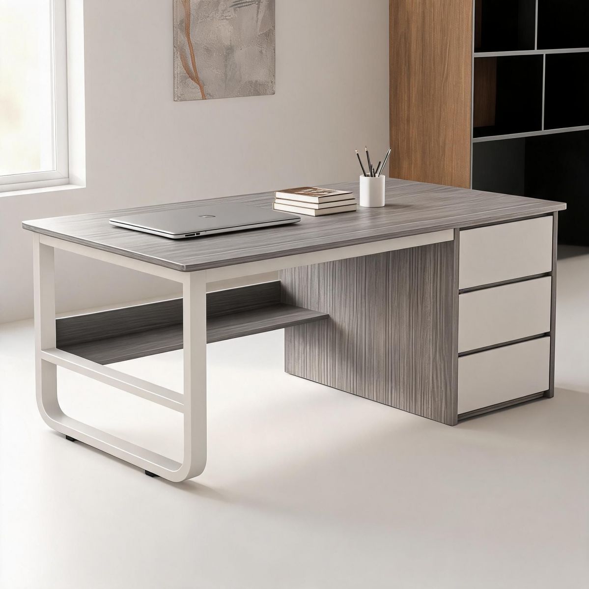 Birou minimalist alb cu rafturi - 160x60x73 cm, ideal pentru spații mici, lucru și studiu - detaliu produs