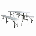 Set masa pliabila 4 persoane din otel cu HDPE 180x70x74 cm + doua banci pliabile din otel si HDPE 183x28x43cm, MESTERINO FURNITURE KJC2061-SET, culoare alba