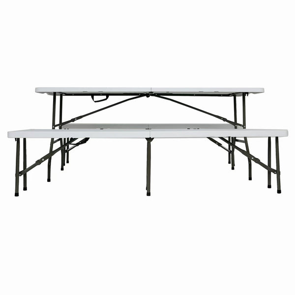 Set masa pliabila 4 persoane din otel cu HDPE 180x70x74 cm + doua banci pliabile din otel si HDPE 183x28x43cm, MESTERINO FURNITURE KJC2061-SET, culoare alba