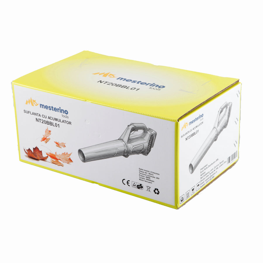 Suflanta frunze cu acumulator MESTERINO TOOLS NT20BBL01, putere 480W, debit 8.3 m3/minut, acumulator 2A / 21V, viteza aer 36 m/s