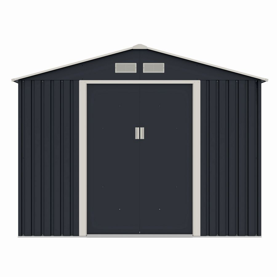 Casuta / magazie de gradina metalica MESTERINO S1001-D gri/bej 261x241x198 cm, usi culisante, baza metalica CADOU