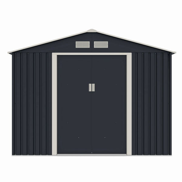 Casuta / magazie de gradina metalica MESTERINO S1001-D gri/bej 261x241x198 cm, usi culisante, baza metalica CADOU