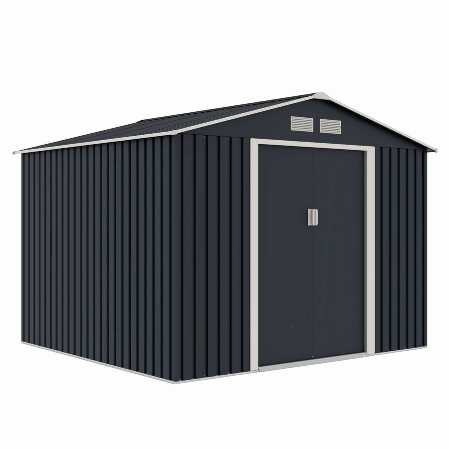Casuta / magazie de gradina metalica MESTERINO S1001-D gri/bej 261x241x198 cm, usi culisante, baza metalica CADOU