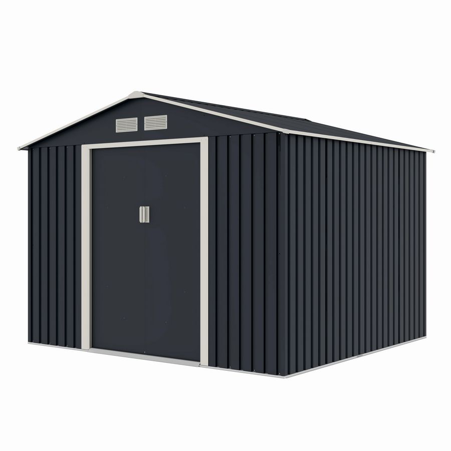 Casuta / magazie de gradina metalica MESTERINO S1001-D gri/bej 261x241x198 cm, usi culisante, baza metalica CADOU