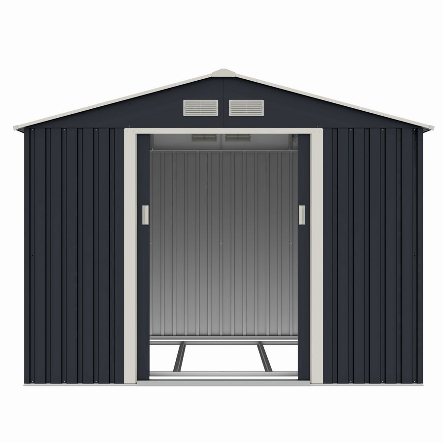 Casuta / magazie de gradina metalica MESTERINO S1001-D gri/bej 261x241x198 cm, usi culisante, baza metalica CADOU