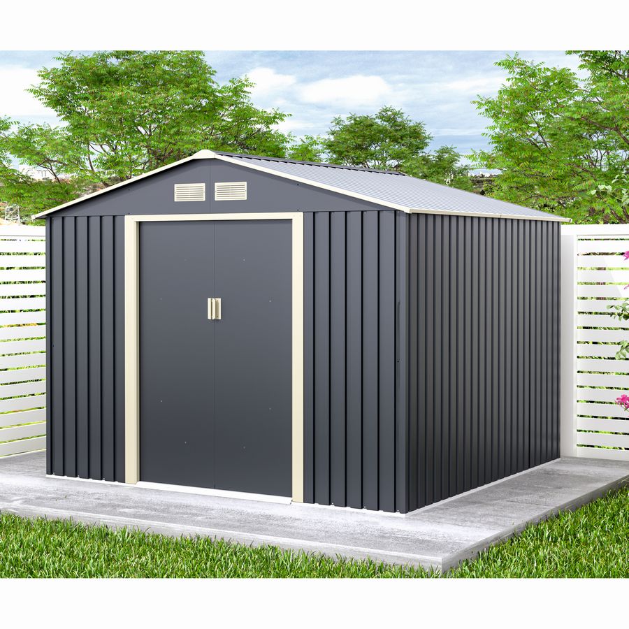 Casuta / magazie de gradina metalica MESTERINO S1001-D gri/bej 261x241x198 cm, usi culisante, baza metalica CADOU