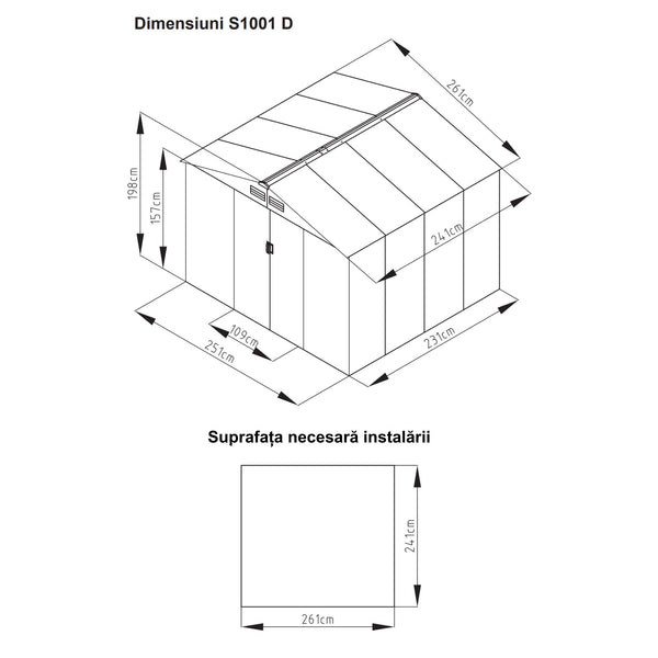 Casuta / magazie de gradina metalica MESTERINO S1001-D gri/bej 261x241x198 cm, usi culisante, baza metalica CADOU