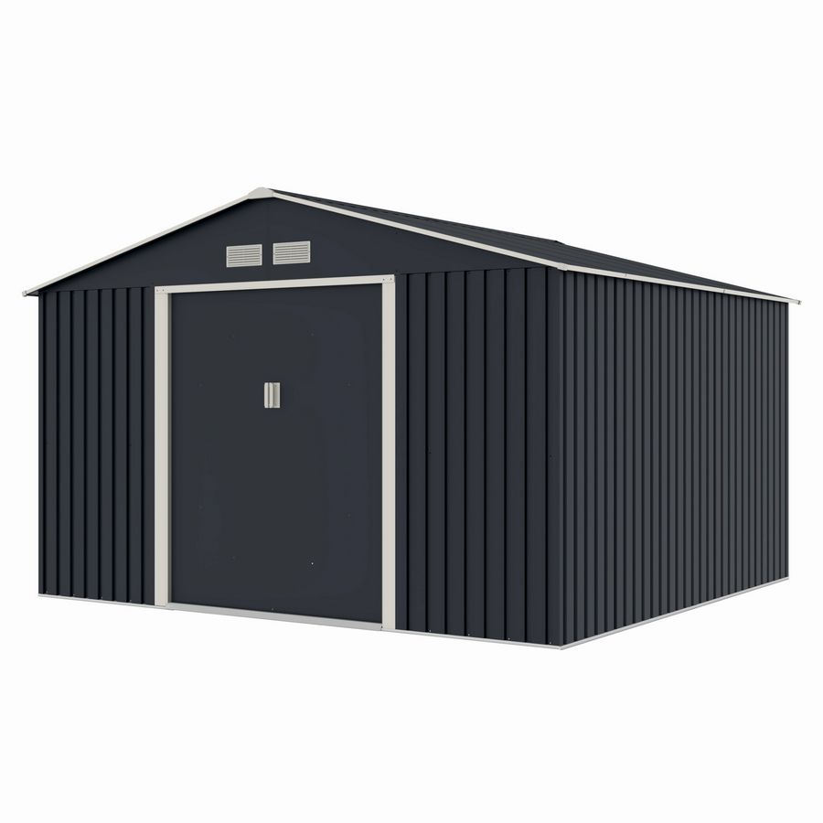 Casuta / magazie de gradina metalica MESTERINO S1001-G gri/bej 321x301x205 cm, usi culisante, baza metalica CADOU