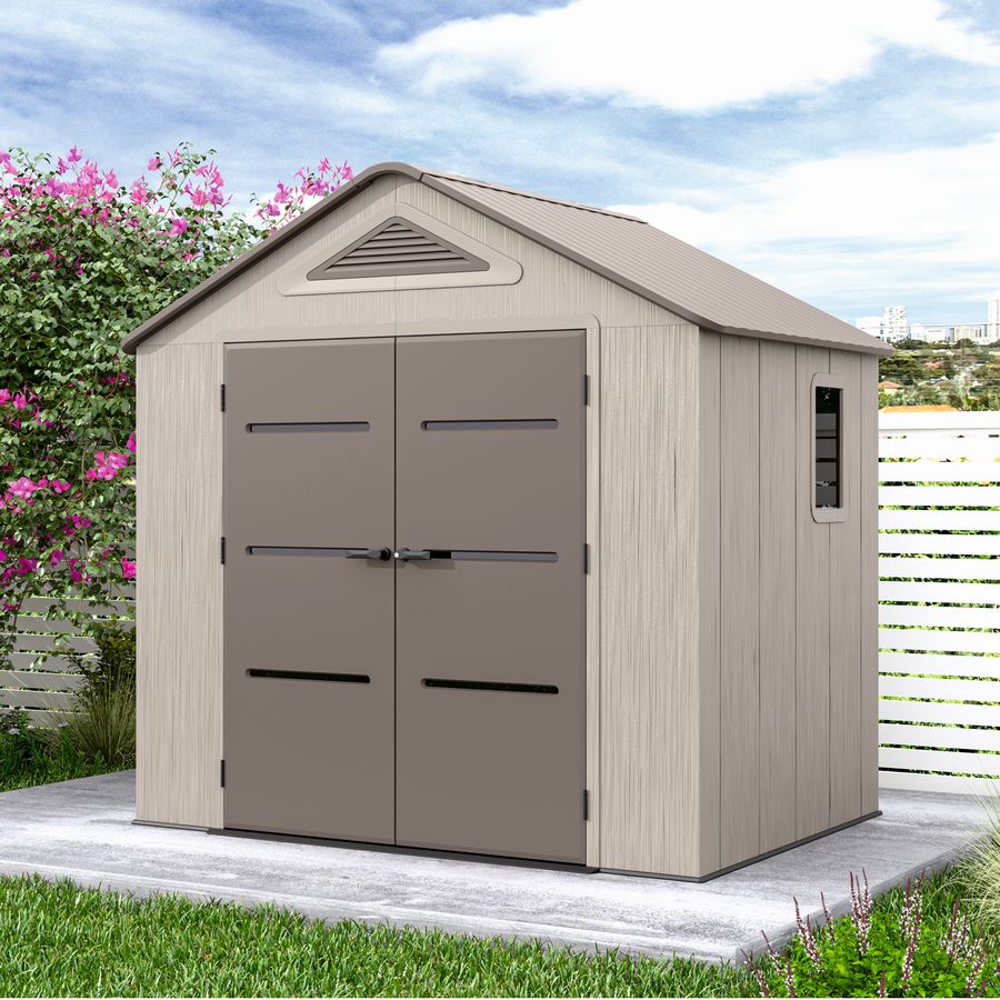Casuta / magazie de gradina din polietilena HDPE MESTERINO PLATO-A, usi si acoperis maro, pereti gri antracit, 250x180x242 cm, cu podea din plastic HDPE, cinci carlige si doua polite CADOU