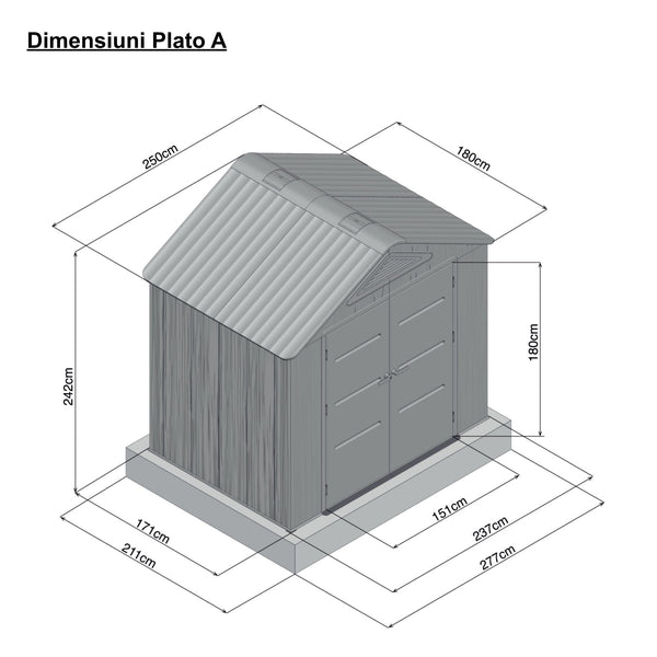 Casuta / magazie de gradina din polietilena HDPE MESTERINO PLATO-A, usi si acoperis maro, pereti gri antracit, 250x180x242 cm, cu podea din plastic HDPE, cinci carlige si doua polite CADOU