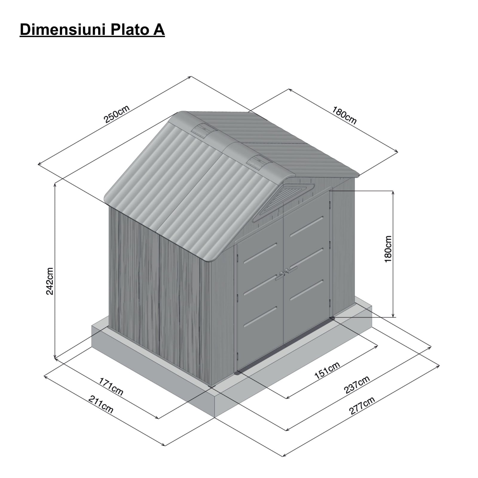 Casuta / magazie de gradina din polietilena HDPE MESTERINO PLATO-A, usi si acoperis maro, pereti gri antracit, 250x180x242 cm, cu podea din plastic HDPE, cinci carlige si doua polite CADOU