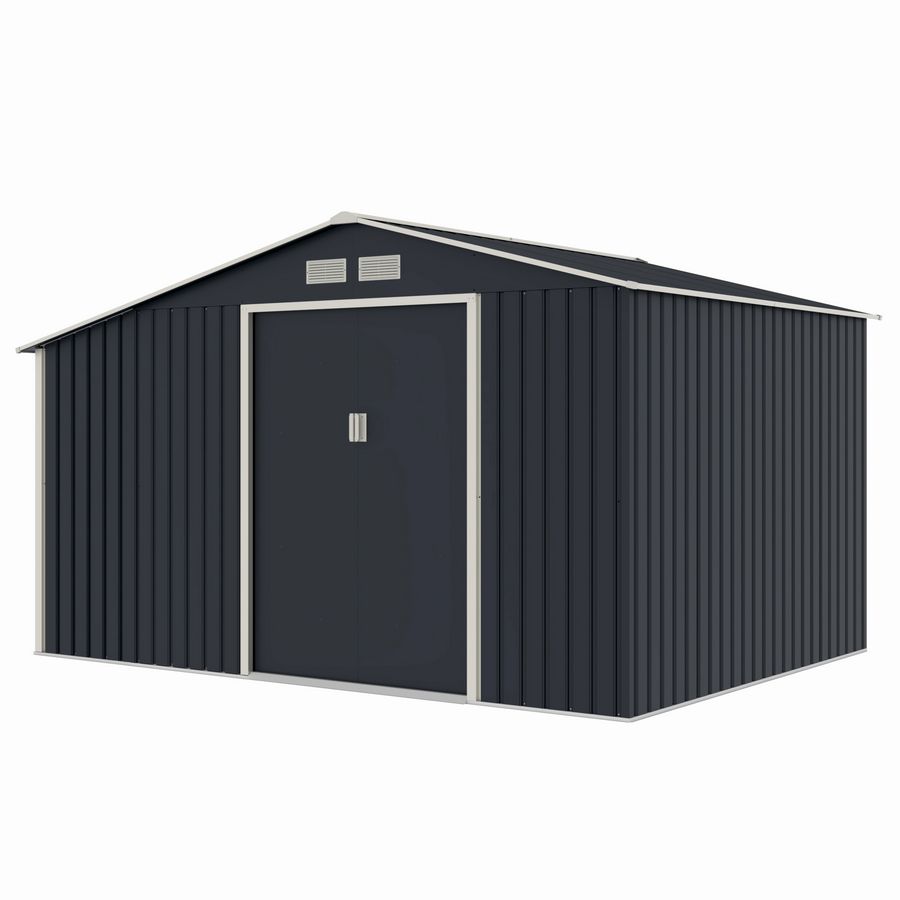 Casuta / magazie de gradina metalica MESTERINO Luke-C, gri/bej, 342x259x203 cm, cu usi culisante, baza metalica CADOU