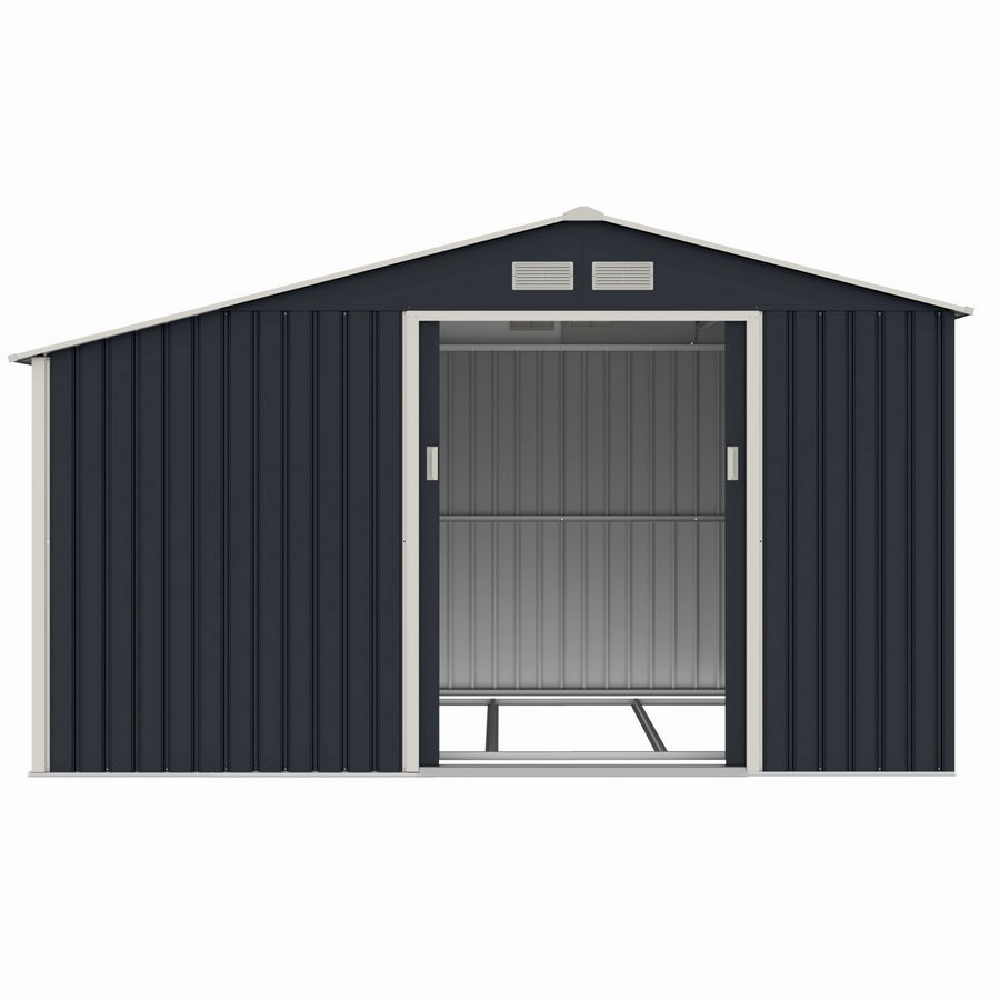 Casuta / magazie de gradina metalica MESTERINO Luke-C, gri/bej, 342x259x203 cm, cu usi culisante, baza metalica CADOU
