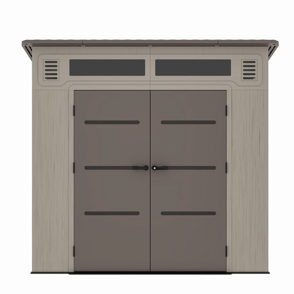 Casuta / magazie de gradina din polietilena HDPE Mesterino HUME-A, usi si acoperis maro, pereti gri antracit, 254x254x230 cm, cu podea din plastic HDPE, cinci carlige si doua polite CADOU