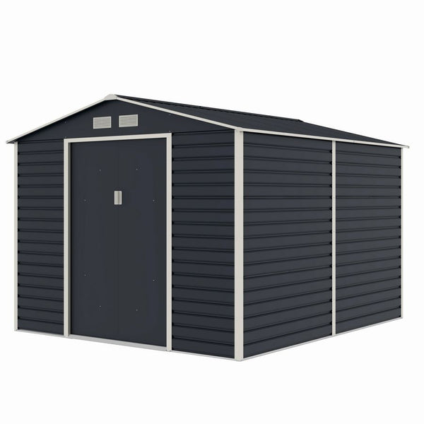 Casuta / magazie de gradina metalica MESTERINO Evan-Plus-E, gri/bej, 277x322x221 cm, cu usi culisante, baza metalica CADOU