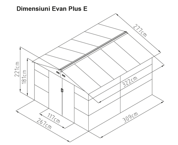 Casuta / magazie de gradina metalica MESTERINO Evan-Plus-E, gri/bej, 277x322x221 cm, cu usi culisante, baza metalica CADOU