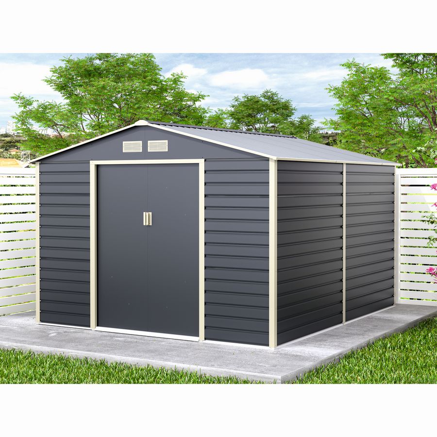 Casuta / magazie de gradina metalica MESTERINO Evan-E, gri/bej, 277x322x200 cm, cu usi culisante, baza metalica CADOU