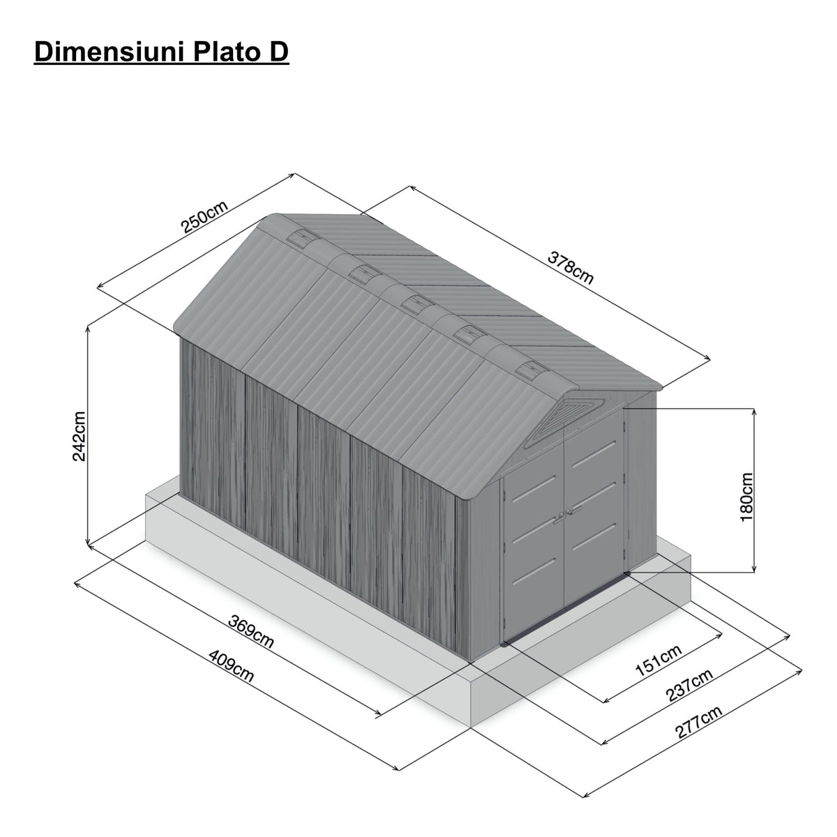Casuta / magazie de gradina din polietilena HDPE Mesterino PLATO-D, usi si acoperis maro, pereti gri antracit, 250x378x242 cm, cu podea din plastic HDPE, cinci carlige si doua polite CADOU
