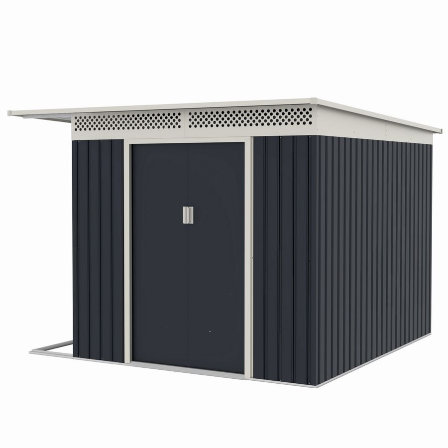 Casuta / magazie de gradina metalica MESTERINO Chester-C, gri/bej, 257x269x187 cm, cu usi culisante, baza metalica CADOU